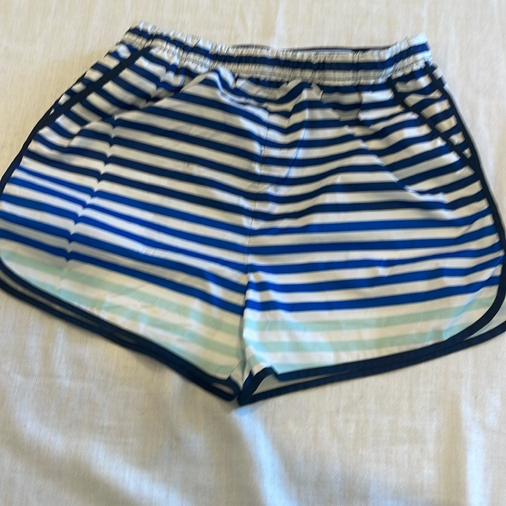 28005 Hunter Target Youth Women’s White Blue Teal Striped Running Shorts L 10/12
